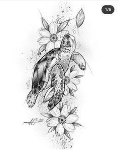 a drawing of a turtle and flowers