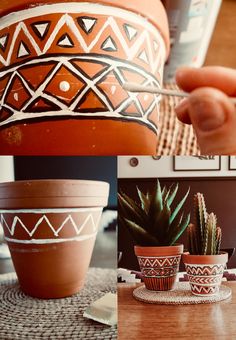 three different pictures of potted plants with designs on them