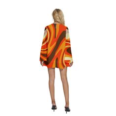 70s Dress Style: Embrace the vibrant and funky fashion of the 70s with this stunning dress, featuring a bold and groovy stripe pattern. Abstract Orange Groovy Dress, Disco Dress: This dress boasts a beautiful mix of orange, yellow, and brown stripes in an abstract pattern, perfect for making a statement. Vintage 70s Style Tent Dress: The tent style bodice provides a flattering and comfortable fit, with a single button keyhole enclosure on the back for added detail. Chiffon Dress with Bell Sleeve Retro V-neck Dress With Vibrant Print, Retro V-neck Mini Dress For Parties, Retro V-neck Mini Dress, Retro Dress With Orange Retro Print, Orange Retro Dress With Retro Print, Orange Dress With Retro Print, Retro Mini Dress For Fall Party, Retro Mini Length Fall Dresses, Retro Striped Mini Dress