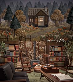 a living room filled with furniture and bookshelves in front of a forest scene