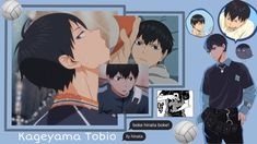 anime character collages with soccer balls in the foreground and an image of kageyama toho