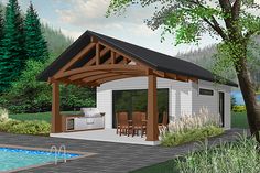 a rendering of a pool house with a covered patio and grill area next to it