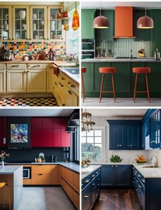 four different kitchen cabinets in various colors and sizes, including orange, green, blue, yellow