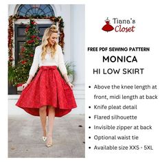 a woman wearing a red skirt and white shirt with the text free sewing pattern monica hi low skirt