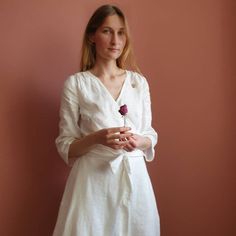 Bridal linen wrap dress with belt 3/4 long sleeves|Short boho wedding v neck robe dress|Simple beach wedding dress|Retro wrap around dress Simple Beach Wedding Dress, Short Boho, Simple Beach Wedding, Dress Retro