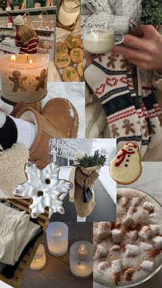 a collage of photos with candles, sweaters and cookies