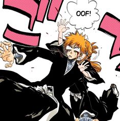 an anime character with orange hair and black clothes, holding his hands up in the air