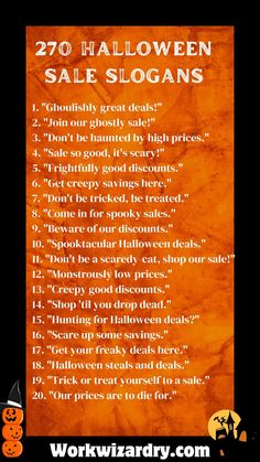 an orange halloween sale sign with the words,'20 halloween sale slogans '