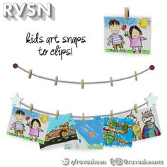 children's art snaps to clips are hung on the clothes line with clothes pins