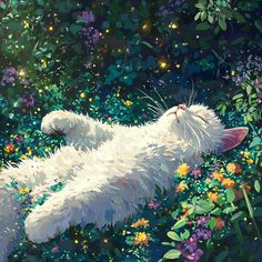 a painting of a white cat laying on its back in a field of wildflowers