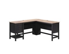 the corner desk has two drawers and is black with wood trimmings on it