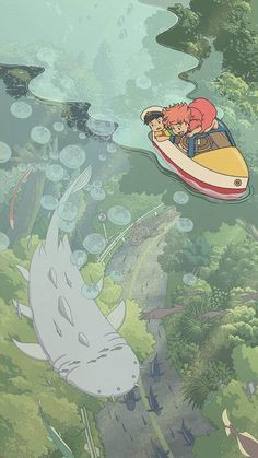 an anime scene with a boy in a boat floating on the water next to a giant fish