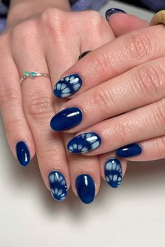 Dark Funky Nails, Blue Blooming Nails, Blue Blooming Gel Nails, Abalone Nails, Navy Nail Designs, Colorful Gel Nails, Nail Art Designs Purple, Blooming Gel Nail Art, Blooming Gel Nails