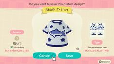 Shark t-shirt with stars, for Animal crossing new horrisons Cute Animal Crossing Shirt Design, Animal Crossing Spongebob, Anch Codes Clothes, Dinosaur Animal Crossing, Animal Crossing Blue Island, Animal Crossing Outfit Designs, Animal Crossing Critterpedia, Cute Acnh Outfits, Animal Crossing Clothing Patterns