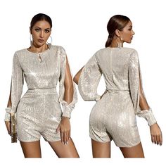 Women Fashion Sequin Long Sleeve Sequined Casual One-Piece Shorts Jump – Global Fashions GC Active Wear Dresses, Shorts Jumpsuit, Street Fits, Ballet Clothes, High Waist Fashion, Woolen Coat, Sequin Beading, Short Jumpsuit, Matching Dresses