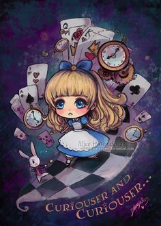 a girl with long blonde hair standing on top of a checkered floor next to clocks