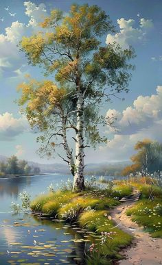 a painting of a tree on the shore of a lake with clouds in the sky