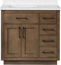 an image of a bathroom vanity with marble counter top and drawers on the bottom side