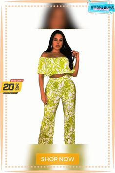 Women's Off Shoulder Wrap Crop Slim Waist Pants Two-piece Set Spring High Waist Two-piece Pant Set, Green Two-piece Pant Set For Spring, Green Two-piece Bottoms For Summer, Spring Green Two-piece Pant Set, Green Pant Set For Spring, Two-piece Set Jumpsuits And Rompers For Spring Vacation, Casual Green Pant Set For Summer, Green Two-piece Bottoms, Two-piece Jumpsuits And Rompers For Spring Vacation