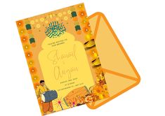 an orange and yellow wedding card with a man carrying a suitcase on it's back