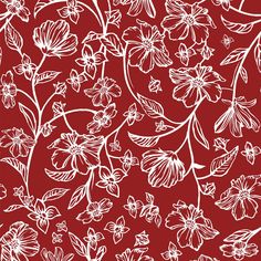 a red background with white flowers and leaves