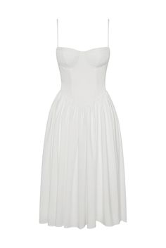 Introducing our Ballerina Bustier Midi Dress - a classic, feminine dress option for any occasion. From brunch parties to evening events, this white midi dress is complimented with wire bustier cups that skim down to a tight fit that cinches at the waistline. The skirt silhouette features a gathered detail that falls to a midi length making it an elegant dress meant to last in your wardrobe forever.&nbsp;