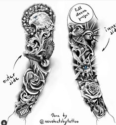 an arm tattoo with different designs and words on the side, along with other tattoos