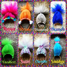 Troll headband birthday party favors. Made with tulle and headbands. Trolls Headband Diy, Trolls Band Together Birthday, Trolls Costume, Trolls Party Favors