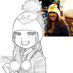 a drawing of a woman wearing a winter hat and holding a cup in her hands