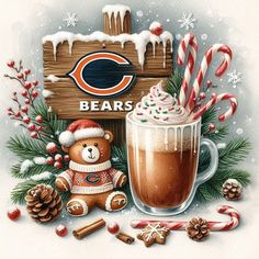 a bear next to a cup of hot chocolate and candy canes with the bears logo on it