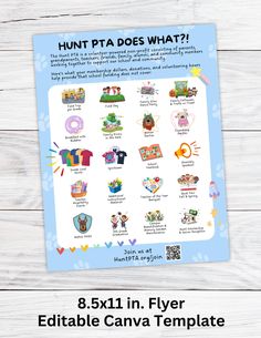 Canva Template: PTA Does What?! 1 8.5x11 in. full-color flyer to edit to showcase what your PTA/PTO/Program offers! Perfect for a school, PTA or PTO flyer for your website or to send out to parents!   Upon purchase, you will receive a PDF with the Canva Template link to start editing! Questions or concerns? Message me - I'm here to help! Pta Membership, Printable School, Field Day, School Programs, Social Media Templates, Field Trip, Social Media Template, Editable Template