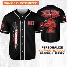 Personalize Deadpool Blodd Hero Sport Marvel Matching Baseball Jersey 1 Black Cotton Baseball Jersey For Fan Gear, Black Cotton Jersey For Fan Gear, Black Jersey For Fan Gear With Sublimation Design, Black Sublimation Jersey For Fan Gear, Black Jersey With Sublimation Design For Fans, Black Baseball Collar Top For Sports Fans, Graphic Print Jersey For Fan Apparel, Casual Team Name Jersey For Fans, Black Sporty Sublimation Design For Fan Gear