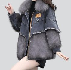 Grey denim jacket with fur online—cool women's denim jacket from the 2023 Autumn-Winter collection. Fashion trends allow individuals to express their originality and showcase their personalities. It can help boost self-confidence and self-esteem by enabling people to look and feel good about themselves. With fashion, you can experiment with new styles and gain the courage to take risks and try new things, leading to tremendous success in all aspects of life.Grey denim has a timeless and effortle Grey Denim Jacket, Iconic Y2k, Denim Jacket With Fur, Oversized Jean Jacket, Jacket With Fur, Denim Patchwork, Grey Denim, Denim Jacket Women, Oversized Silhouette