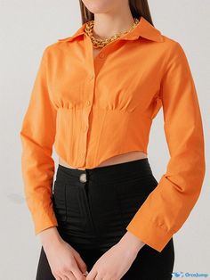 Orcajump - Professional White High-Waisted Womens Blouse for Workplace Sophistication Fitted High Waist Tops For Workwear, Fitted Orange Tops For Work, Fitted Orange Blouse For Work, Fitted Orange Solid Color Top, Chic Fitted Blouse In Solid Color, Chic Fitted Orange Blouse, Chic Orange Fitted Blouse, Fitted Elegant Orange Blouse, Elegant Fitted Orange Blouse