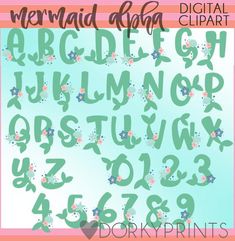 the mermaid alphabet clipart font and numbers are green with pink, blue stars on it