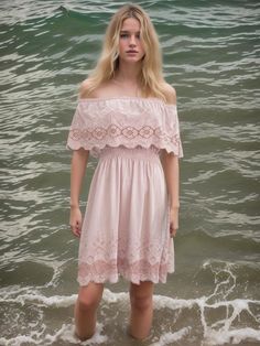 Vintage-Inspired Embroidered Cotton Dress Summer Lace Dress With Floral Embroidery And Short Sleeves, Pink Lace Summer Dress, Pink Lace Dress For Summer, Off-shoulder Mini Dress With Lace Trim For Beach, Pink Floral Embroidery Lace Dress For Summer, Summer Pink Lace Dress With Floral Embroidery, Floral Embroidered Off-shoulder Dress, Casual Short Sleeve Summer Lace Dress, Pink Lace Dress With Floral Embroidery For Summer