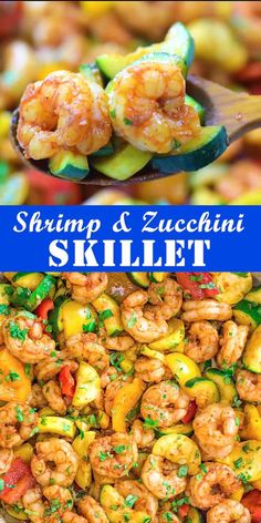 shrimp and zucchini skillet is shown in two different pictures