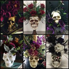 there are four different skulls with flowers in their heads, and one skull has been decorated