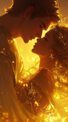 the prince and princess are kissing in front of an image of fireflies with glowing lights behind them