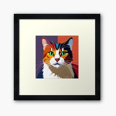 a colorful cat with green eyes framed art print