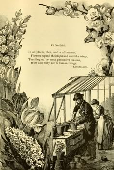 an old advertisement for flowers in the early 1900's, with two men working