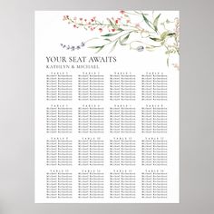 a wedding seating chart with flowers and greenery on the front, in white paper