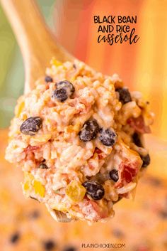 black bean and rice casserole on a spoon