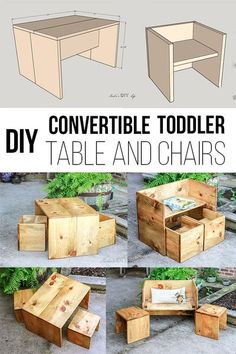 the instructions for how to build a table and chair from wooden pallets are shown