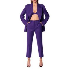 Elegant high-waisted trousers. With ankle-length legs finished with a crease. Convenient side pockets give extra comfort during the use. Wear them with the oversized blazer Samira Purple Royal to create the perfect set.  For the best fit, please refer to the detailed table of our sizes, which you can find in the Size Guide tab and our detailed measurements in the Sizing tab. DRY CLEANING Iron at 110°C  COMPOSITION: 64% Polyester, 33% Viscose, 3% Elastane LINING: 100% Acetate Tailored High Waist Pantsuit With Pockets, Tailored High-waisted Pantsuit With Pockets, Tailored Pantsuit With Pockets And High-waisted Pants, Chic Ankle-length Pantsuit, Chic Ankle-length Tailored Pantsuit, Classic Tailored Purple Blazer, Tailored Single Breasted Purple Blazer, Luxury Classic Purple Blazer, Fitted Purple Double-breasted Blazer