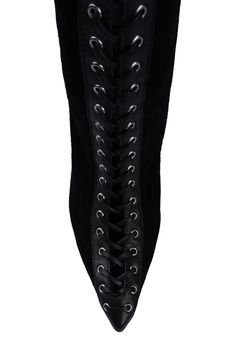 A lace-up design adds a fierce aesthetic to a pointy-toe boot shaped in a knee-high silhouette and elevated by a sky-high metallic heel. 5" heel 14" shaft; 14" calf circumference Lace-up style; side zip closure Water resistant Leather upper and lining/synthetic sole Made in Italy Fitted High-top Lace-up Boots With Reinforced Heel, Gothic Lace-up Knee-high Boots For Fall, Fitted Leather High-top Knee-high Boots, Fitted Lace-up Platform Boots For Fall, Fitted High Heel Boots With Laces, Fitted Black High-top Lace-up Boots, Edgy Fitted High-top Platform Boots, Fitted Knee-high Black Combat Boots, Fitted Black Knee-high Combat Boots