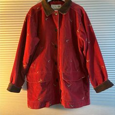 Vintage Ll Bean Jacket Women’s Large Red Corduroy Hunting Field Coat Jacket Long Sleeves Fabric Cotton Style Corduroy Maroon Burgundy, Reddish Color Brown Accents With Pheasant Birds All Over Print Has Four Front Pockets Has Five Buttons For Closure And Two Buttons On Each Sleeve Also Have Extra Buttons On The Inner Side The Size And Fabric Tag Has Been Removed Jacket Is In Good Condition See Pictures For More Details Vintage Coats For Women, Ll Bean Jacket Women, Ll Bean Jacket, Farm Clothes, Field Coat, Vintage Ll Bean, Fried Eggs, Wardrobe Inspiration, Thrift Finds