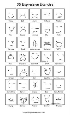 an expression exercise sheet with different expressions for each face and the number of expressions on it