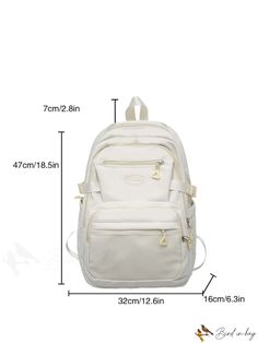 BirdinBag - Versatile Backpack with Stylish Letter Patch Decoration White Canvas Backpack For Travel, White Canvas Backpack For Back To School, White Backpack Satchel For Travel, White Satchel Backpack For Travel, Casual Large Capacity Satchel For Study, Beige Backpack With Zipper Closure For Study, Beige Canvas Backpack For School, Beige Canvas School Backpack, White Canvas Backpack For Daily Use