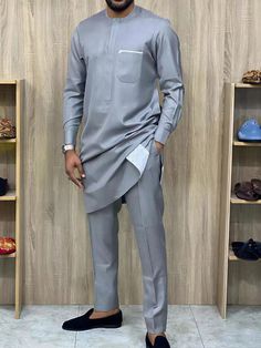 2024Kaftan Elegant African Men's Suit Two-Piece Agbada Dress Wedding Jacket And Trousers Wedding Suit Silver   Long Sleeve Polyester Plain  Slight Stretch  Men Traditional & Cultural Wear, size features are:Bust: ,Length: ,Sleeve Length: Suit Fashion Men's, Suit Man, Men Party, Streetwear Jeans, Wedding Jacket, Suit Shirts, Man Set, Wedding Suits Men, African Men